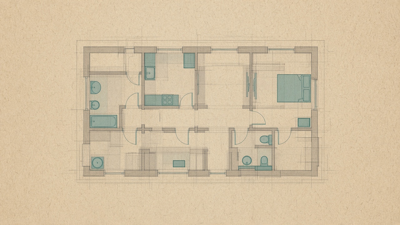 A floor plan with walls, rooms, doors, and fixtures layered together.