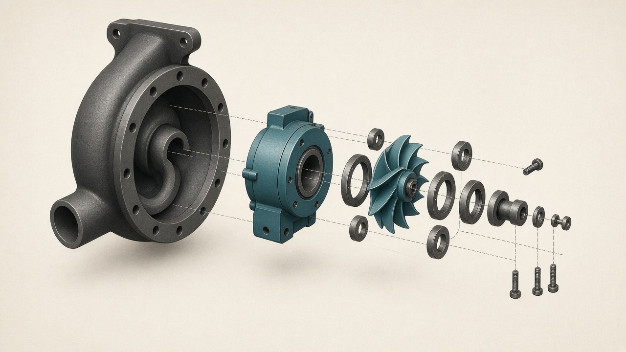Exploded pump assembly used as a picture of part-by-part hierarchy.
